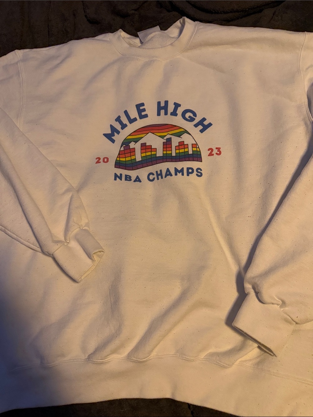 Champion White "Mile High NBA Champs 2023" Sweatshirt with Rainbow Graphic